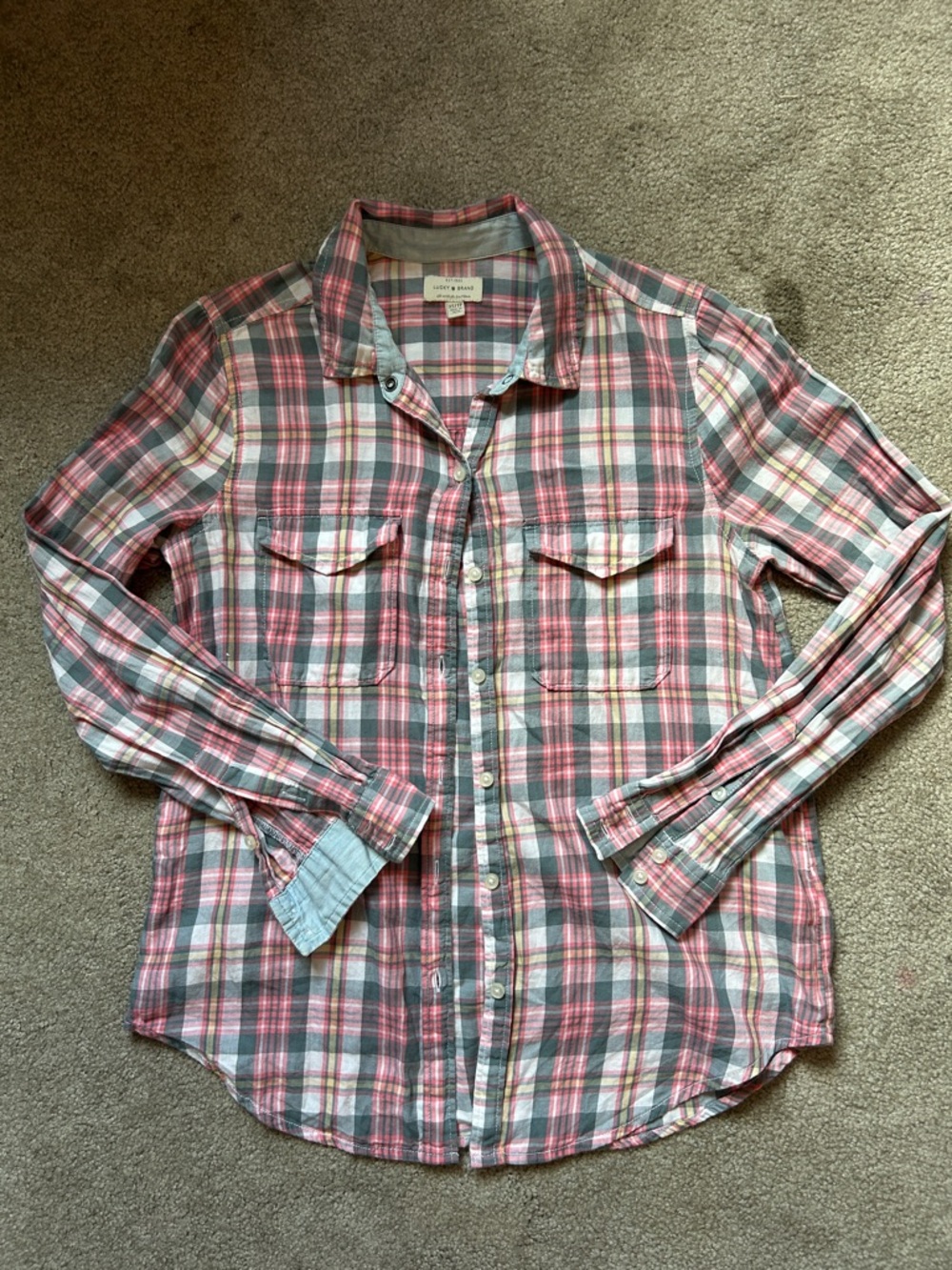 Lucky Brand Pink, Gray and Cream Plaid Button Shirt